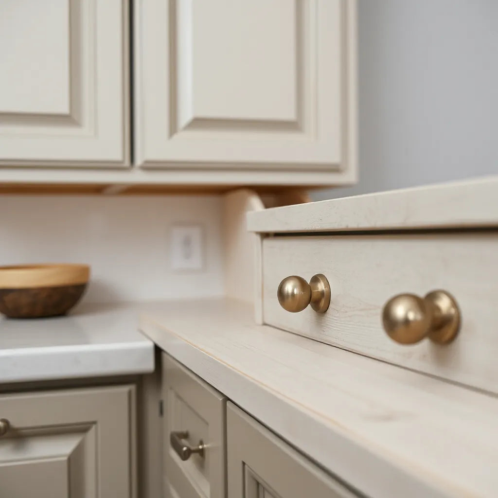 Modern cabinet knobs and drawer pulls on painted wood cabinetry in a bright, clean kitchen setting
