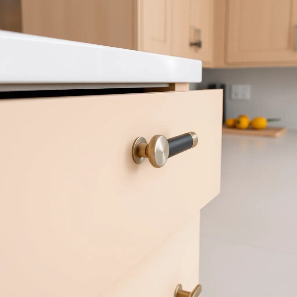 Close-up of cabinet drawers with matching cabinet pulls in brushed nickel, matte black, and brass finishes