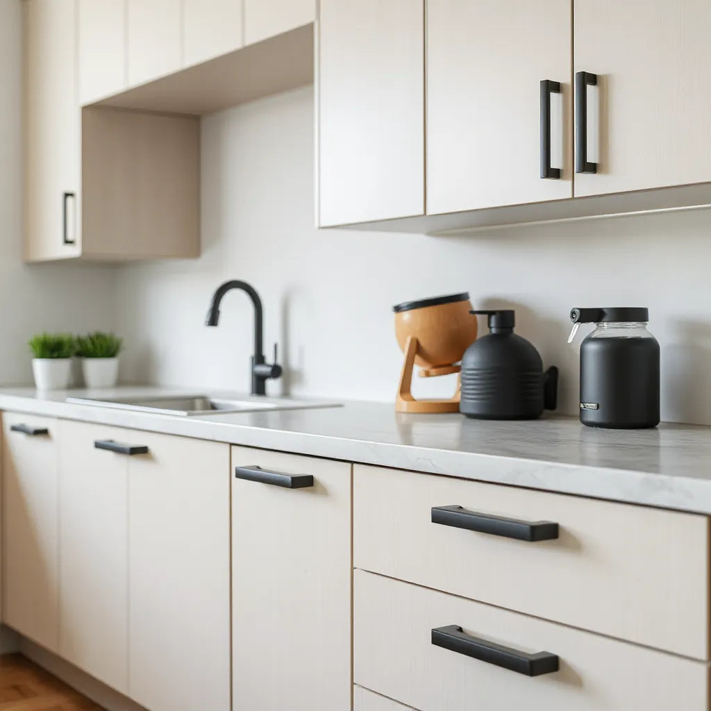 Matte black and brushed metal cabinet handles on sleek kitchen doors and drawers