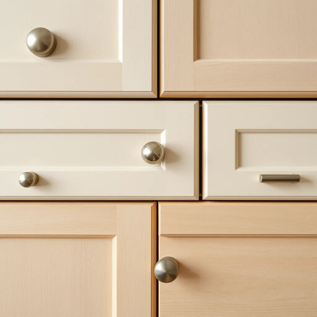 Assorted cabinet knobs on drawer fronts and cabinet doors with brushed metal and matte finishes