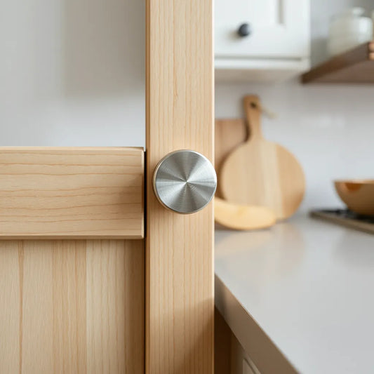 Round metal kitchen cabinet knob on a light wood cabinet door with a softly blurred kitchen background