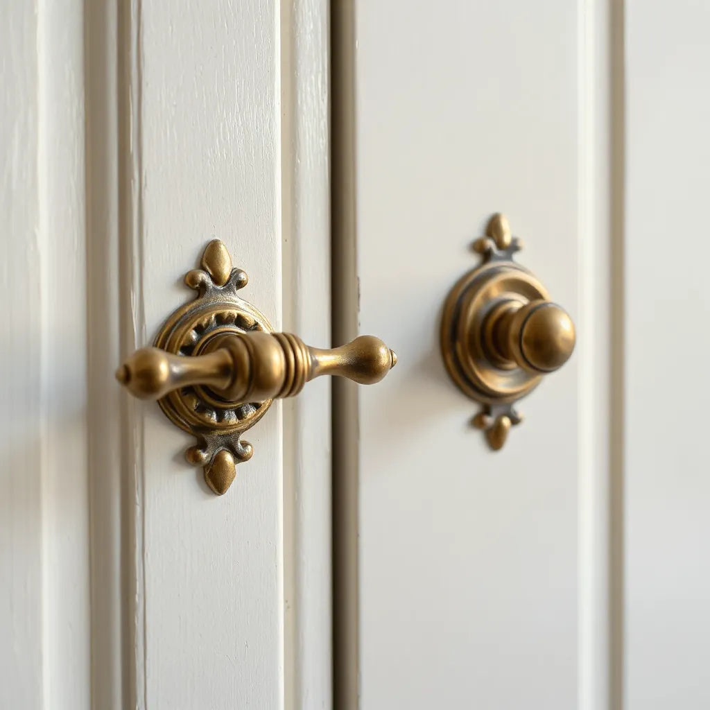 Aged brass vintage cabinet handle on a painted cabinet door in soft natural light