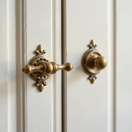 Aged brass vintage cabinet handle on a painted cabinet door in soft natural light