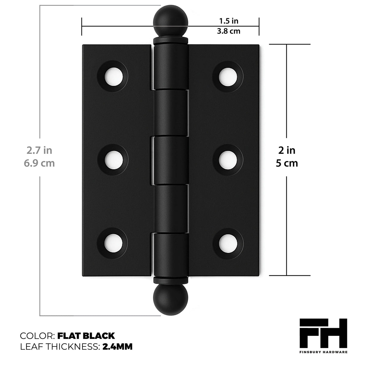 2" x 1-1/2" Cabinet Hinge, w/ Ball Tips, Solid Brass - Matte Black Finsbury Hardware Ball Bearing Hinges