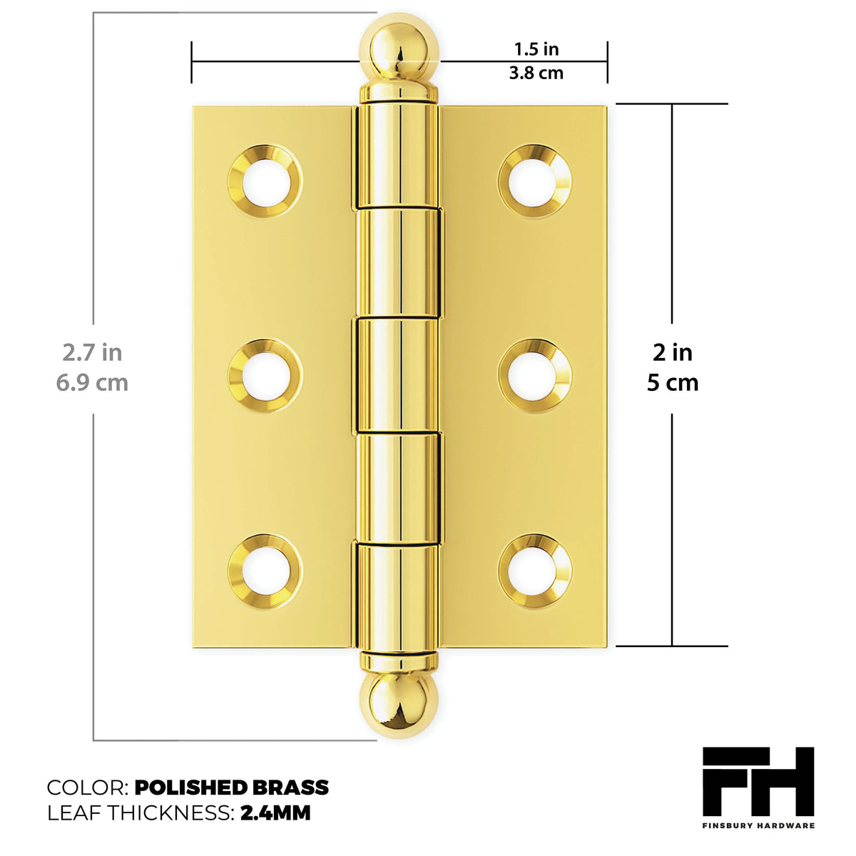 2" x 1-1/2" Cabinet Hinge, w/ Ball Tips, Solid Brass - Polished Brass - 1 Pair Finsbury Hardware Ball Bearing Hinges