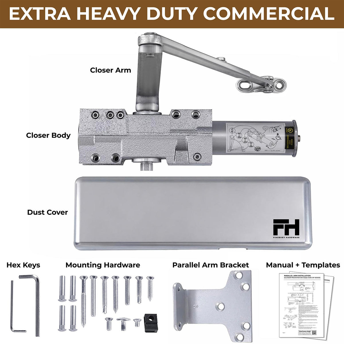 Extra Heavy Duty Commercial Door Closer Cast Iron - Aluminum Finish Finsbury Hardware Hardware