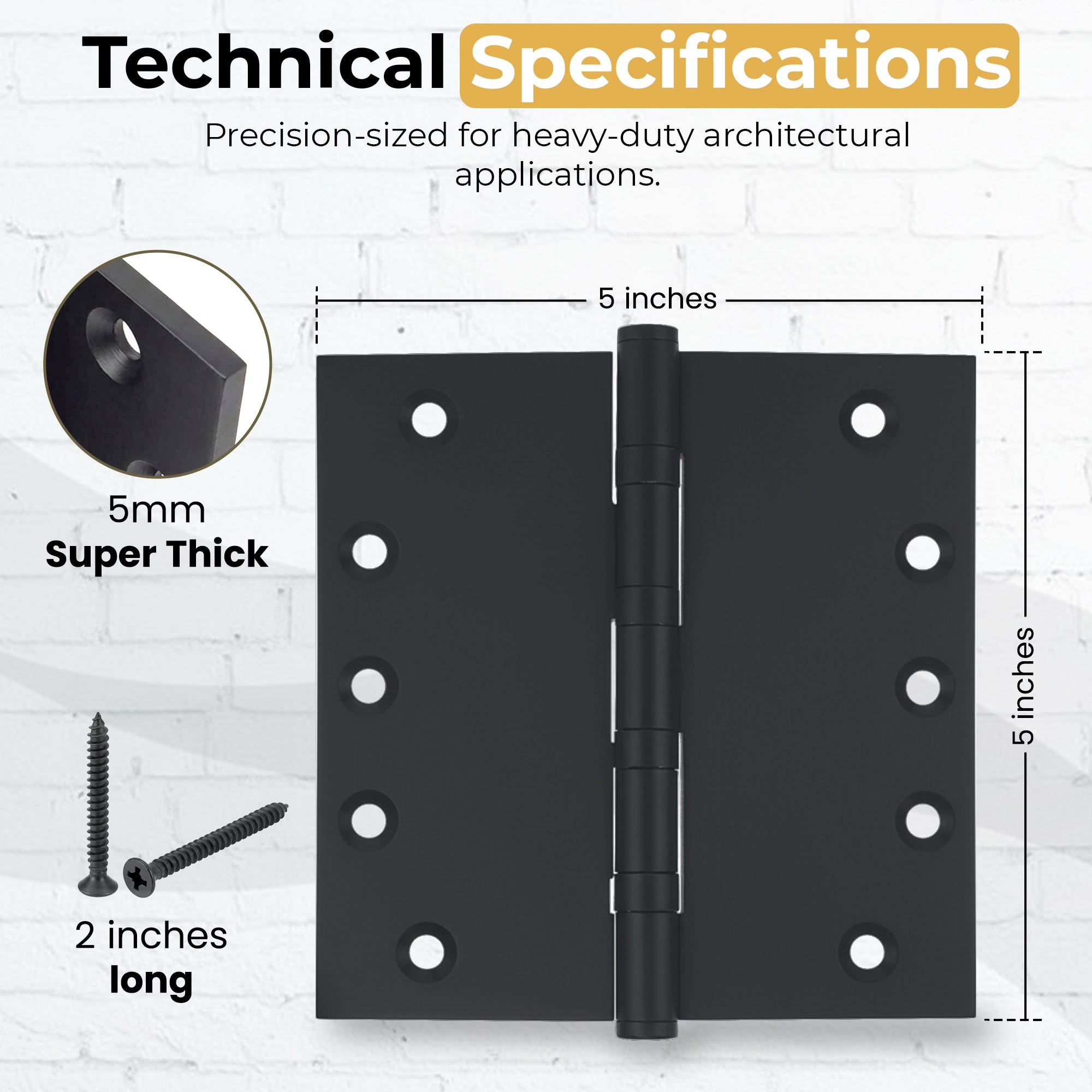 5x5 Inch Solid Brass Ball Bearing Entrance Door Hinge - Matte Black (Super Heavy Duty 5MM) Finsbury Hardware Ball Bearing Hinges