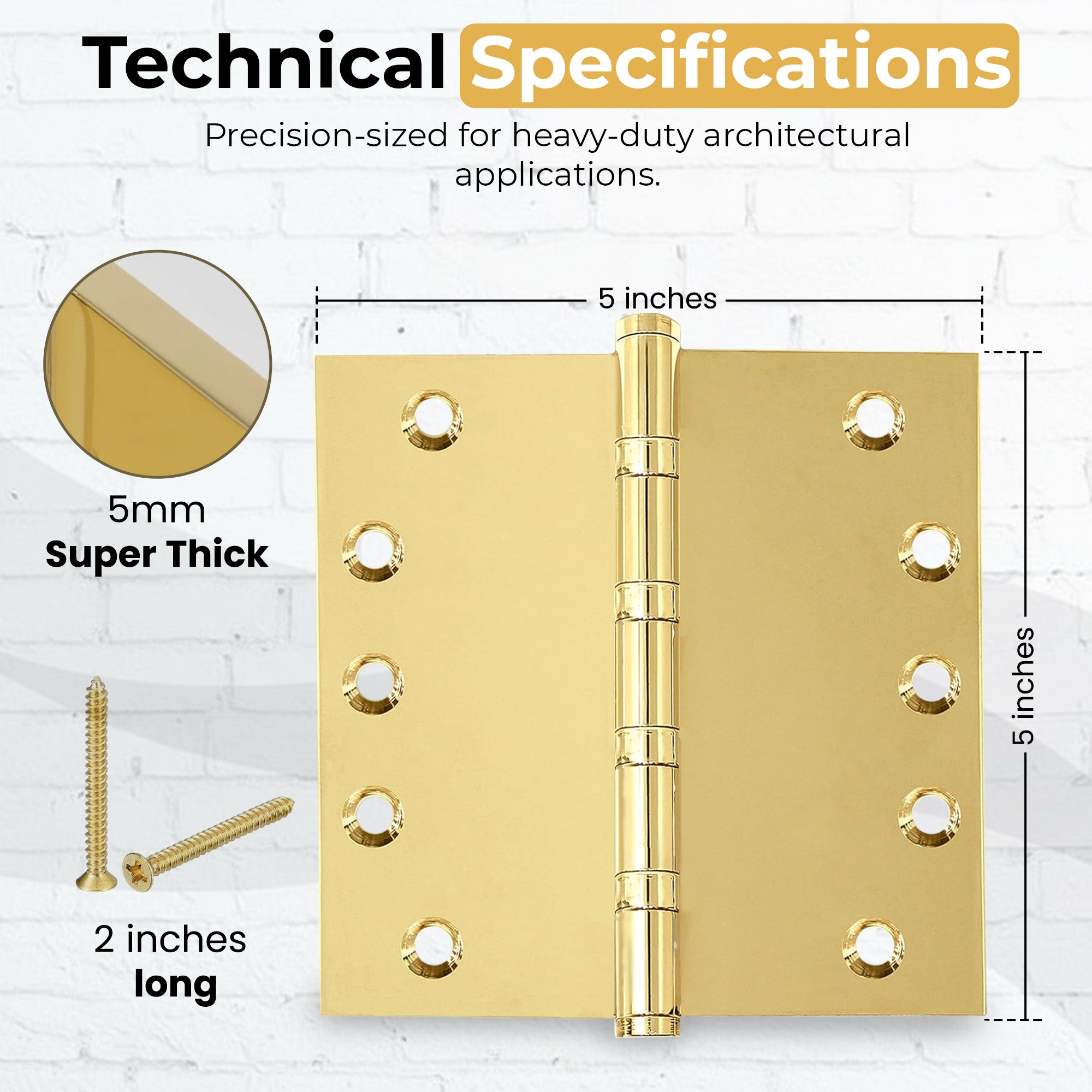 5x5 Inch Solid Brass Ball Bearing Entrance Door Hinge - Polished Brass (Super Heavy Duty 5MM) Finsbury Hardware Ball Bearing Hinges