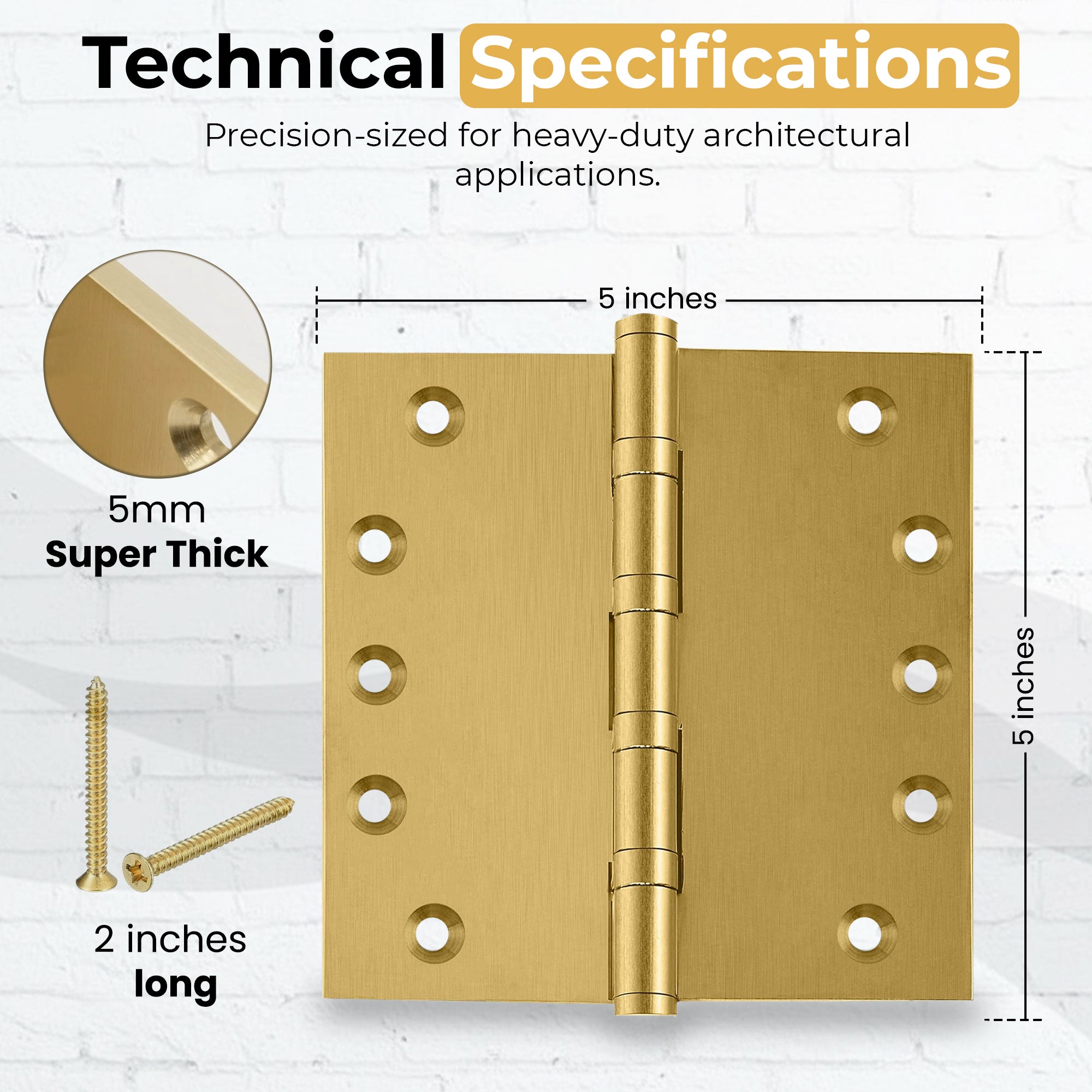 5x5 Inch Solid Brass Ball Bearing Entrance Door Hinge - Satin Brass (Super Heavy Duty 5MM) Finsbury Hardware Ball Bearing Hinges