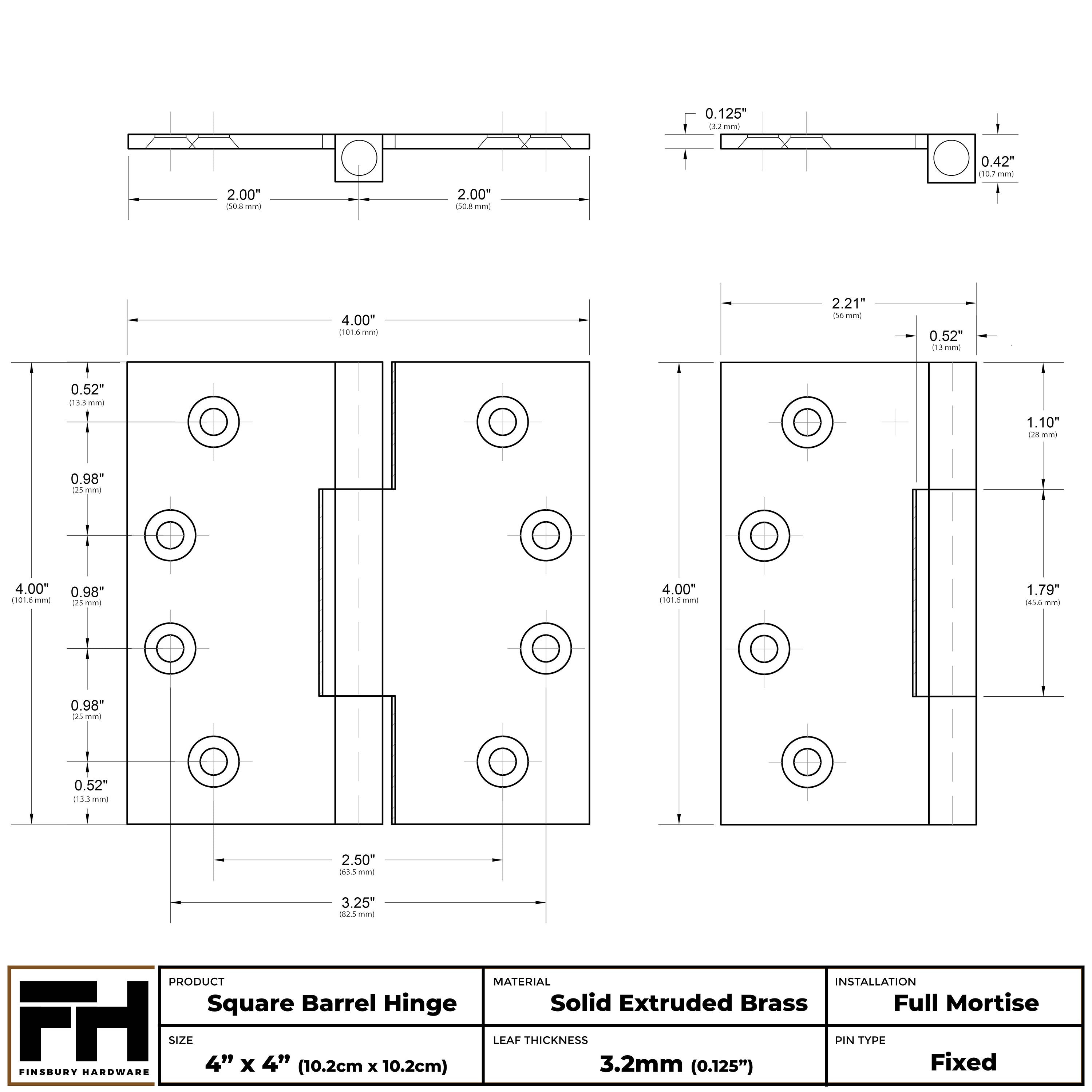 4x4 Inch Solid Brass Square Barrel Door Hinge - Polished Nickel Finsbury Hardware Square Barrel Hinges