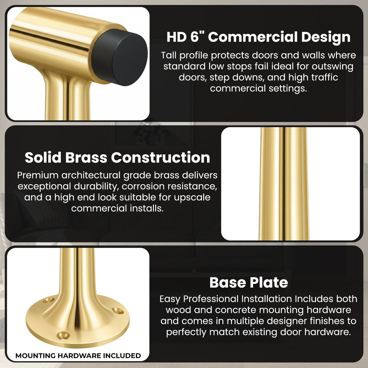 Heavy Duty 6″ Floor-Mount Door Stop – Solid Brass, Commercial Grade (Polished Brass) Finsbury Hardware Commercial Hardware