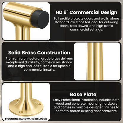 Heavy Duty 6″ Floor-Mount Door Stop – Solid Brass, Commercial Grade (Polished Brass) Finsbury Hardware Commercial Hardware