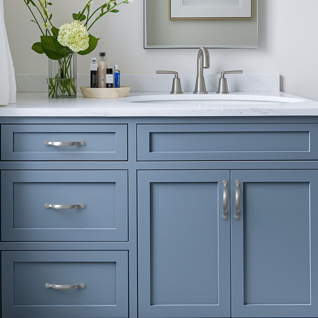 Satin nickel cabinet pull installed on cabinets or drawers