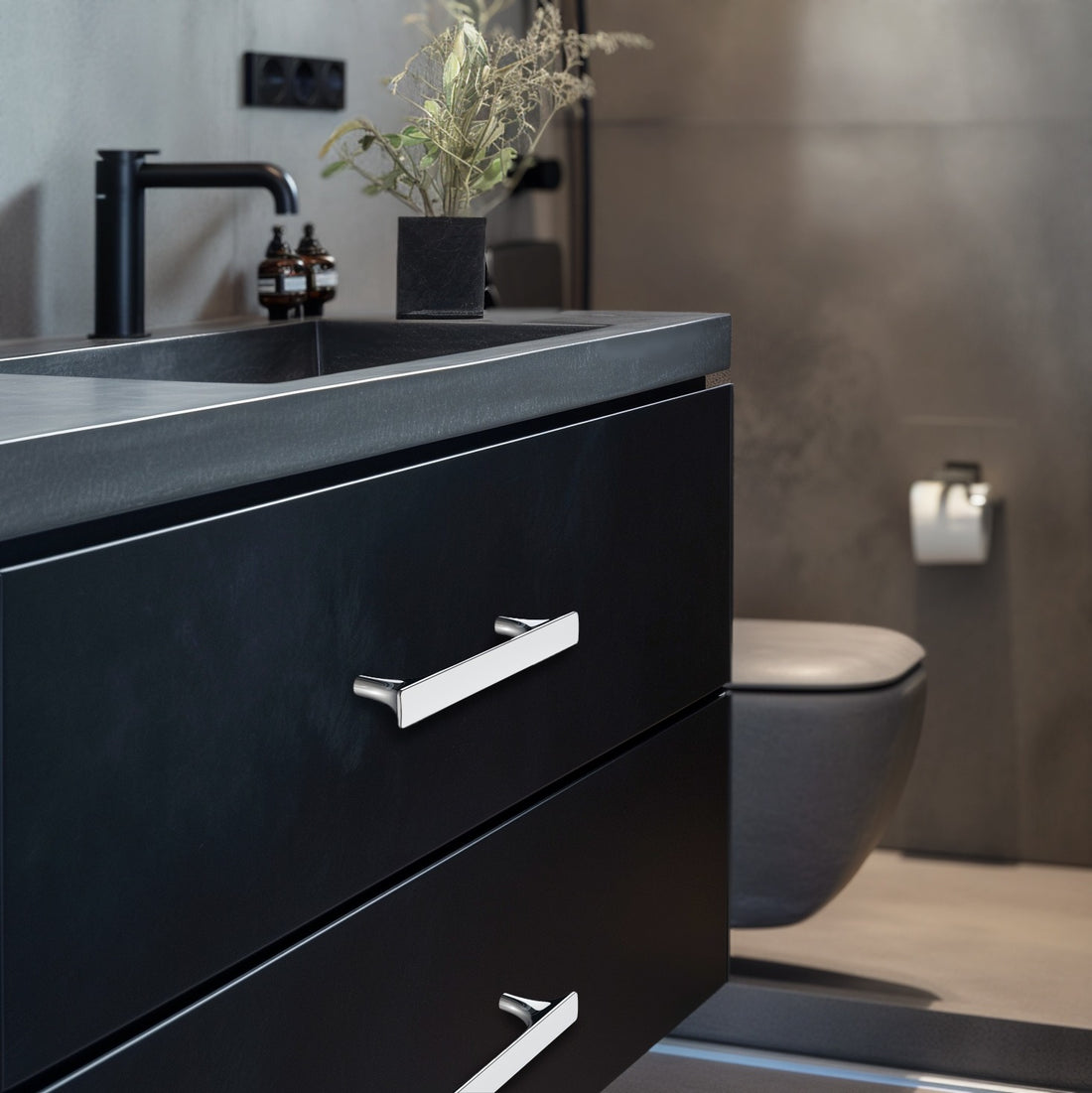 Polished chrome cabinet pull installed on cabinets or drawers