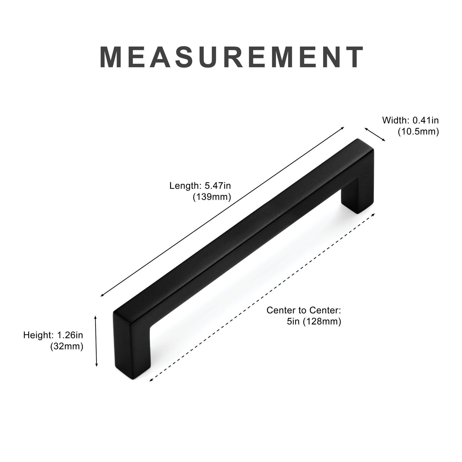 Measurement diagram for black 5 inch cabinet pull center-to-center
