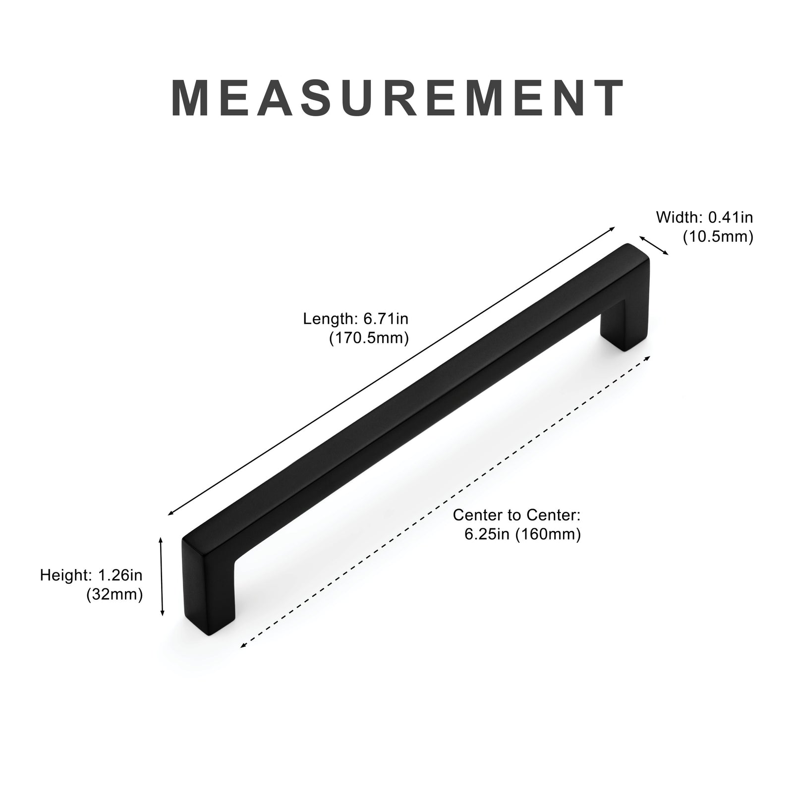 Measurement diagram for black 6.25 inch cabinet pull center-to-center