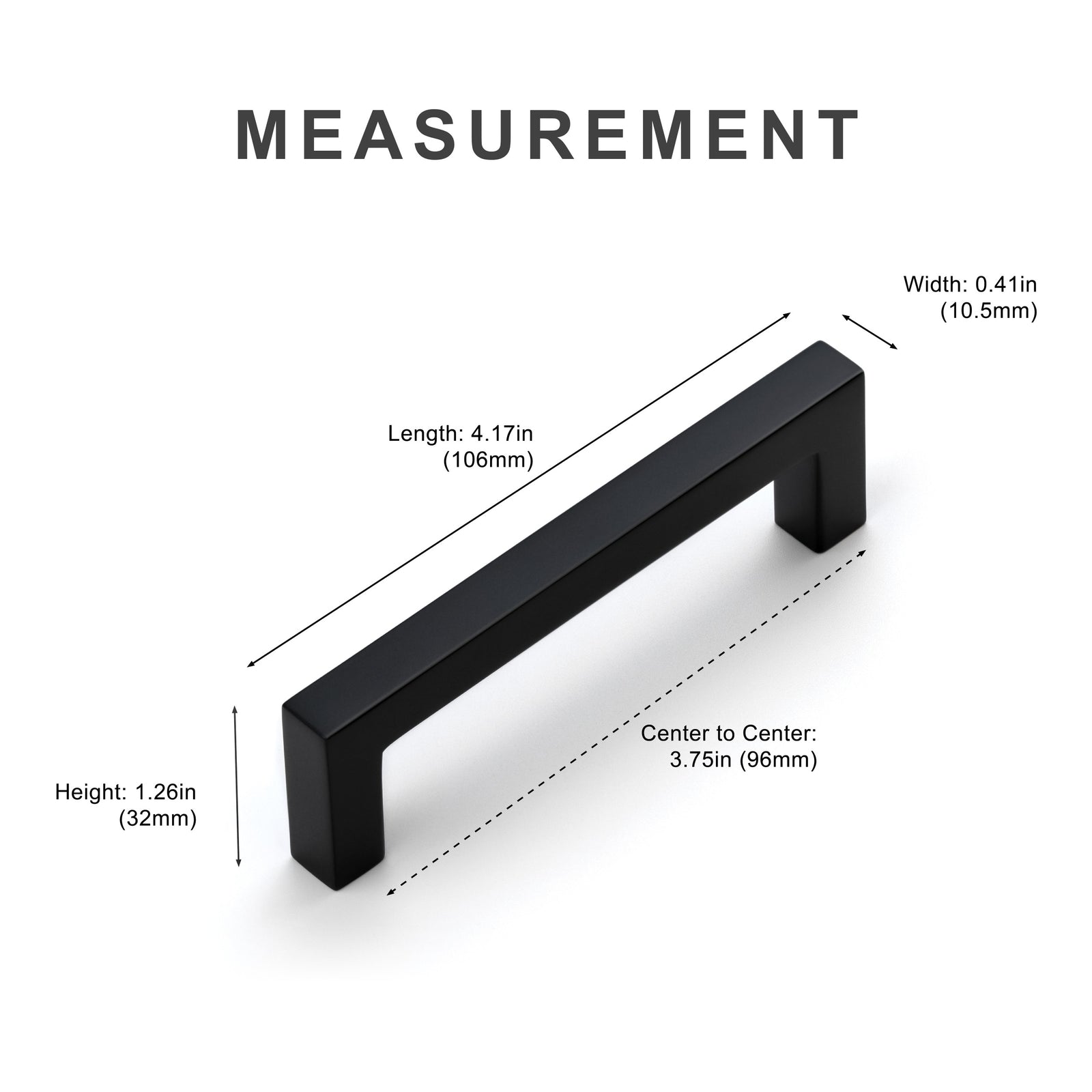 Measurement diagram for black 3.75 inch cabinet pull center-to-center