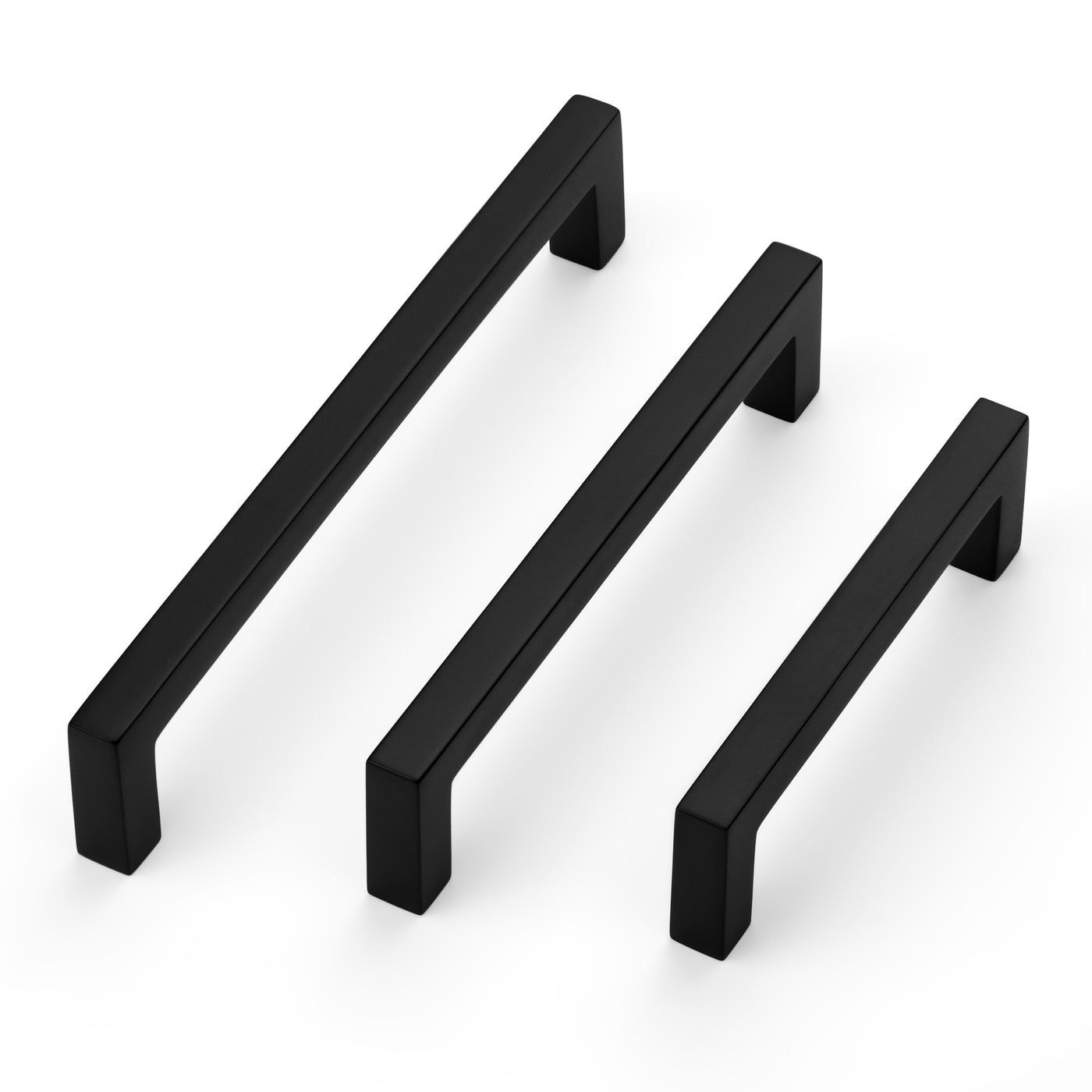 Set of black cabinet pull in multiple sizes on white background