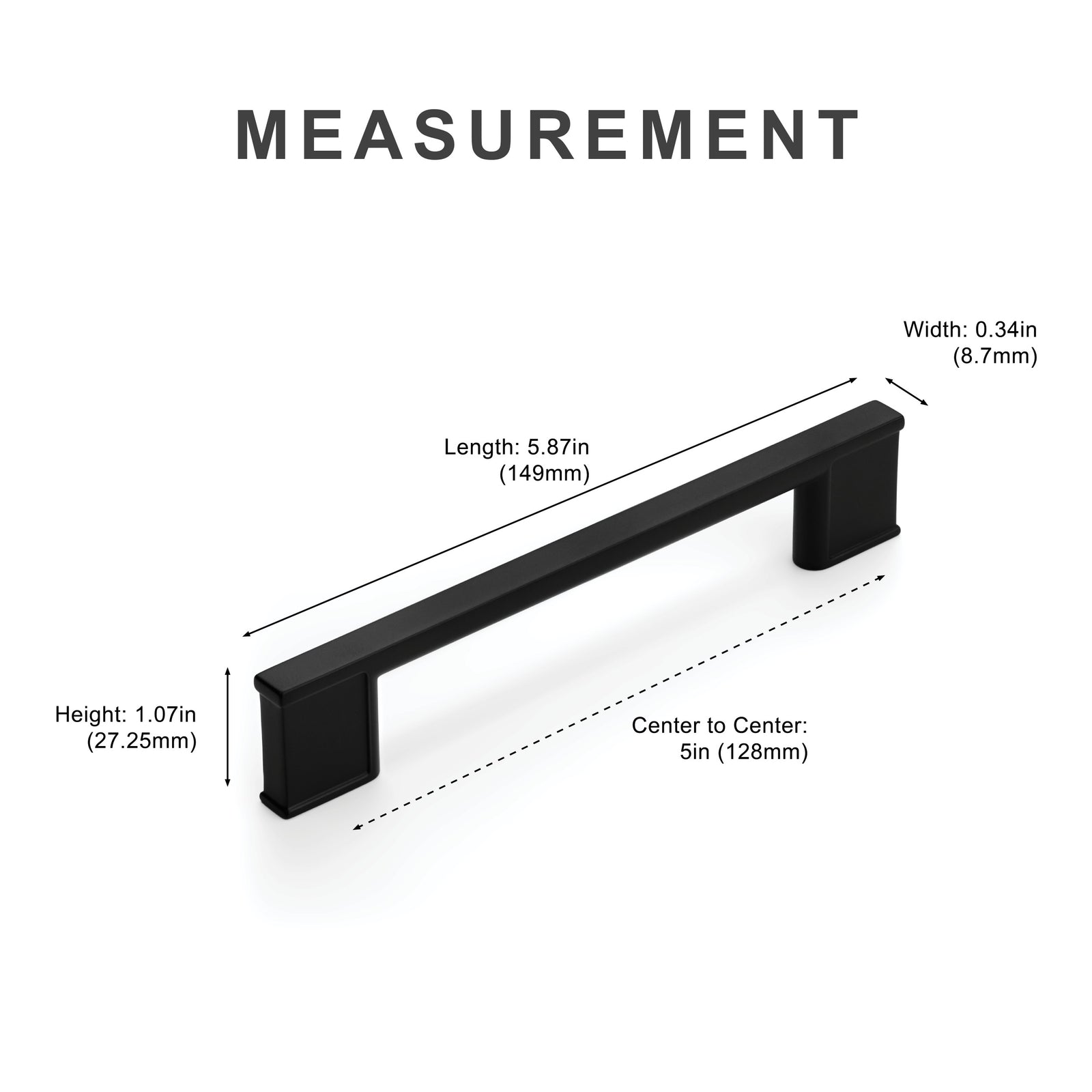 Measurement diagram for black 5 inch cabinet pull center-to-center