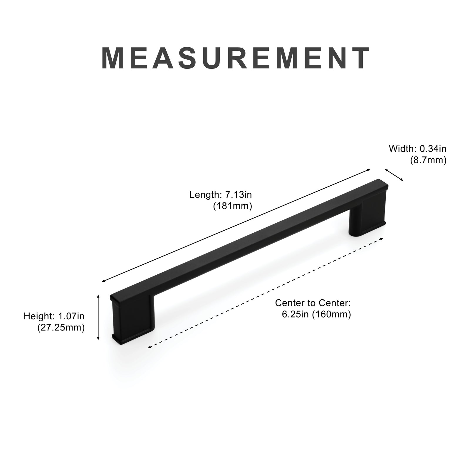 Measurement diagram for black 6.25 inch cabinet pull center-to-center