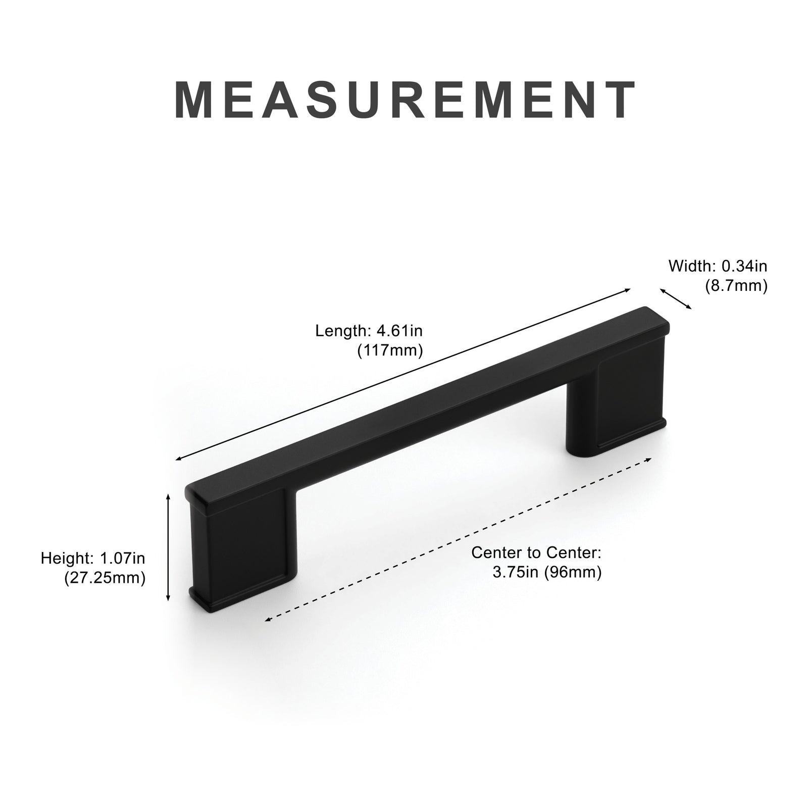Measurement diagram for black 3.75 inch cabinet pull center-to-center