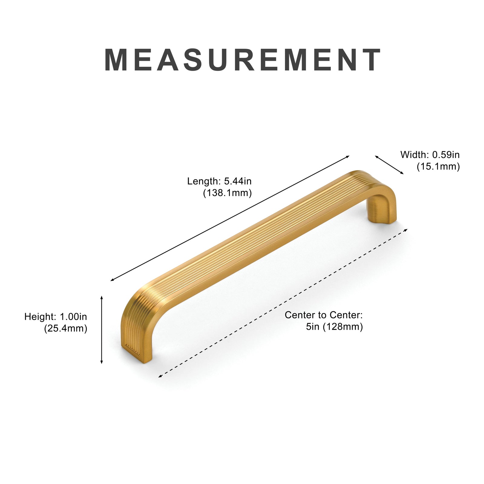 Measurement diagram for light brass 5 inch cabinet pull center-to-center