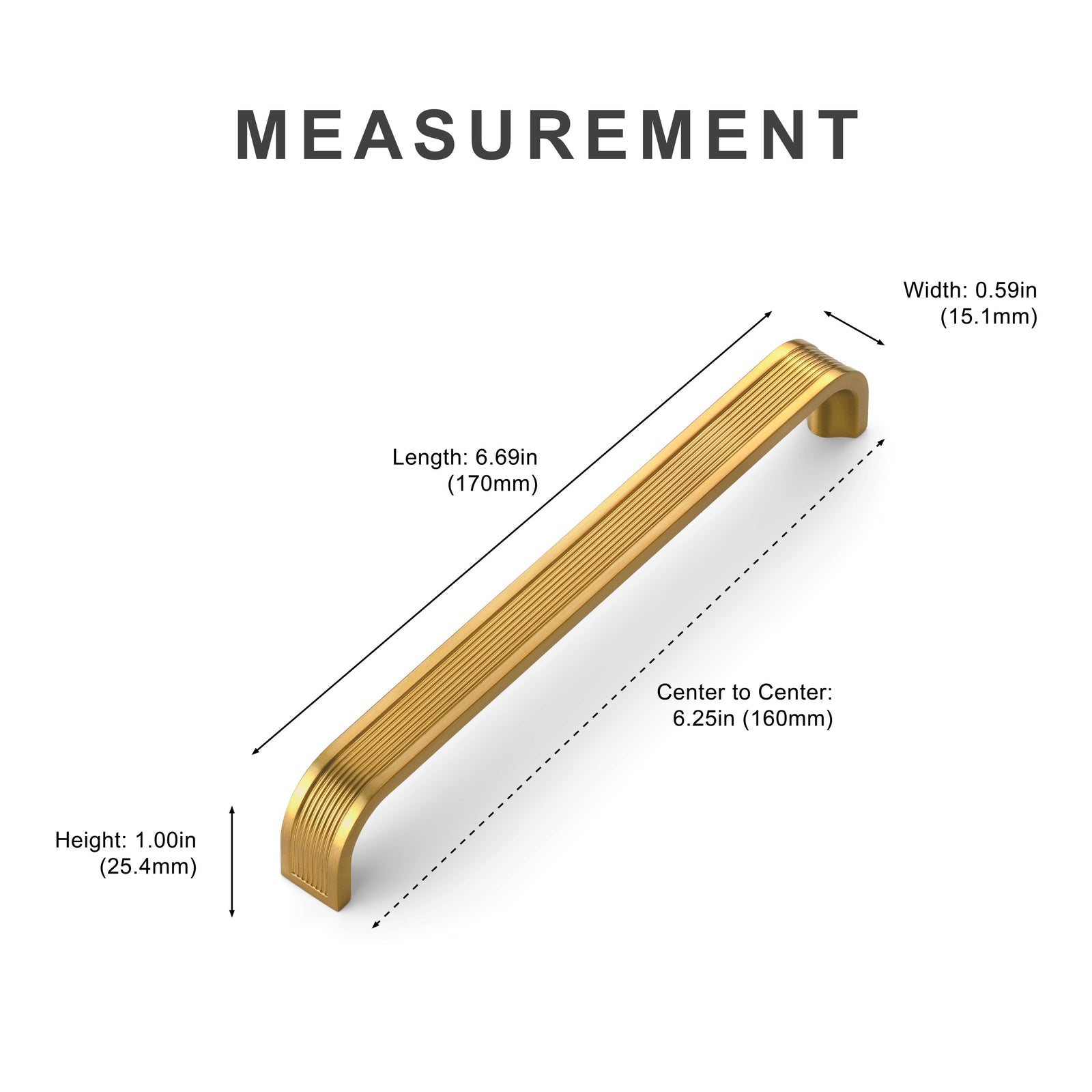 Measurement diagram for light brass 6.25 inch cabinet pull center-to-center