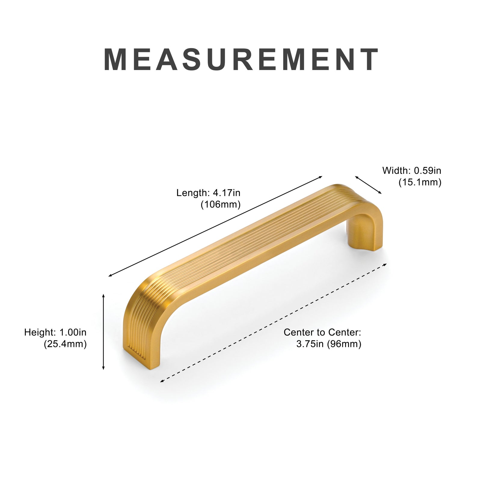 Measurement diagram for light brass 3.75 inch cabinet pull center-to-center
