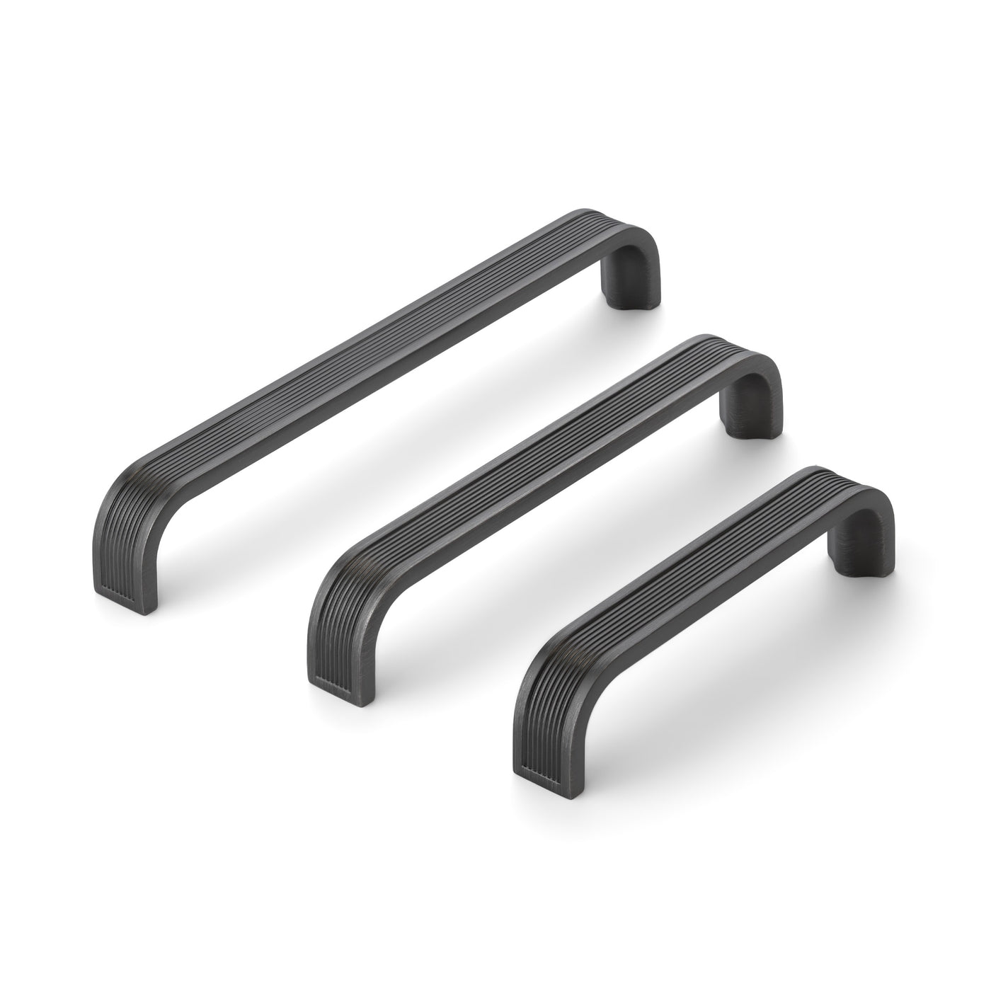 Set of black nickel cabinet pull in multiple sizes on white background