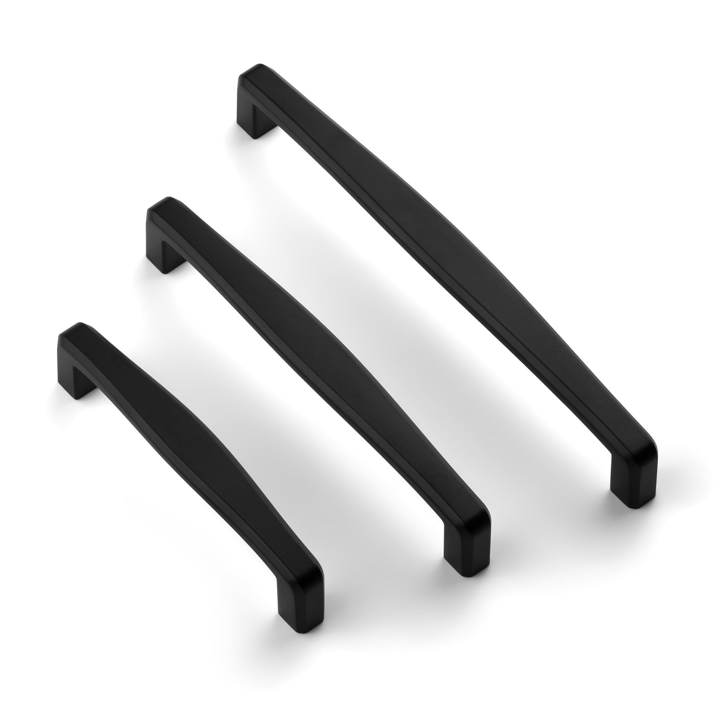 Set of black cabinet pull in multiple sizes on white background