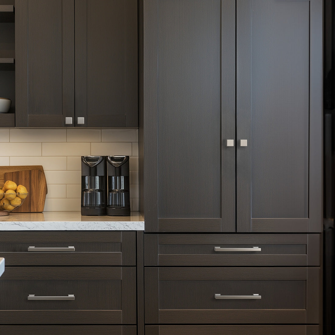 Satin nickel cabinet pull installed on cabinets or drawers