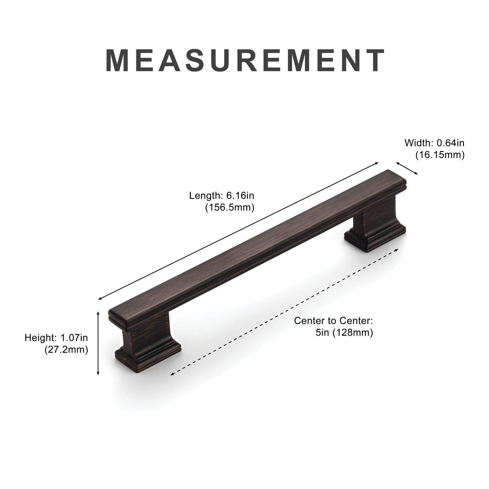 Measurement diagram for oil rubbed bronze 5 inch cabinet pull center-to-center
