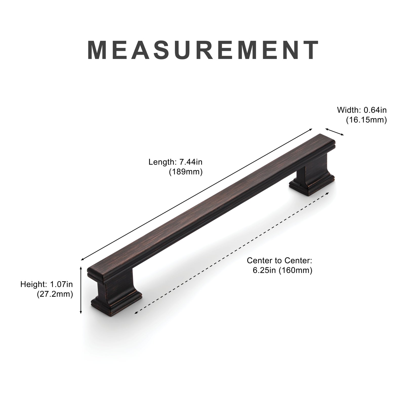 Measurement diagram for oil rubbed bronze 6.25 inch cabinet pull center-to-center
