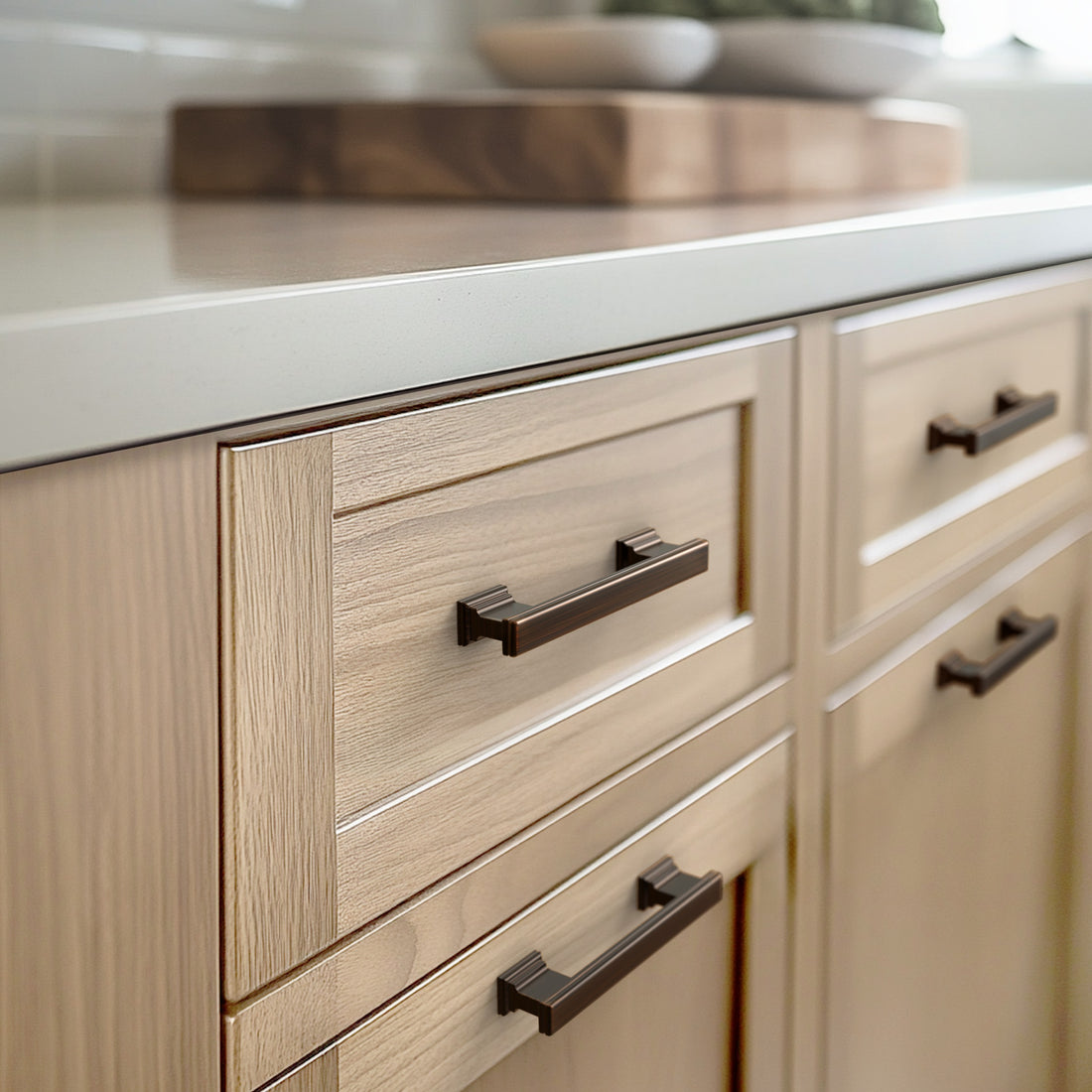 Oil rubbed bronze cabinet pull installed on cabinets or drawers