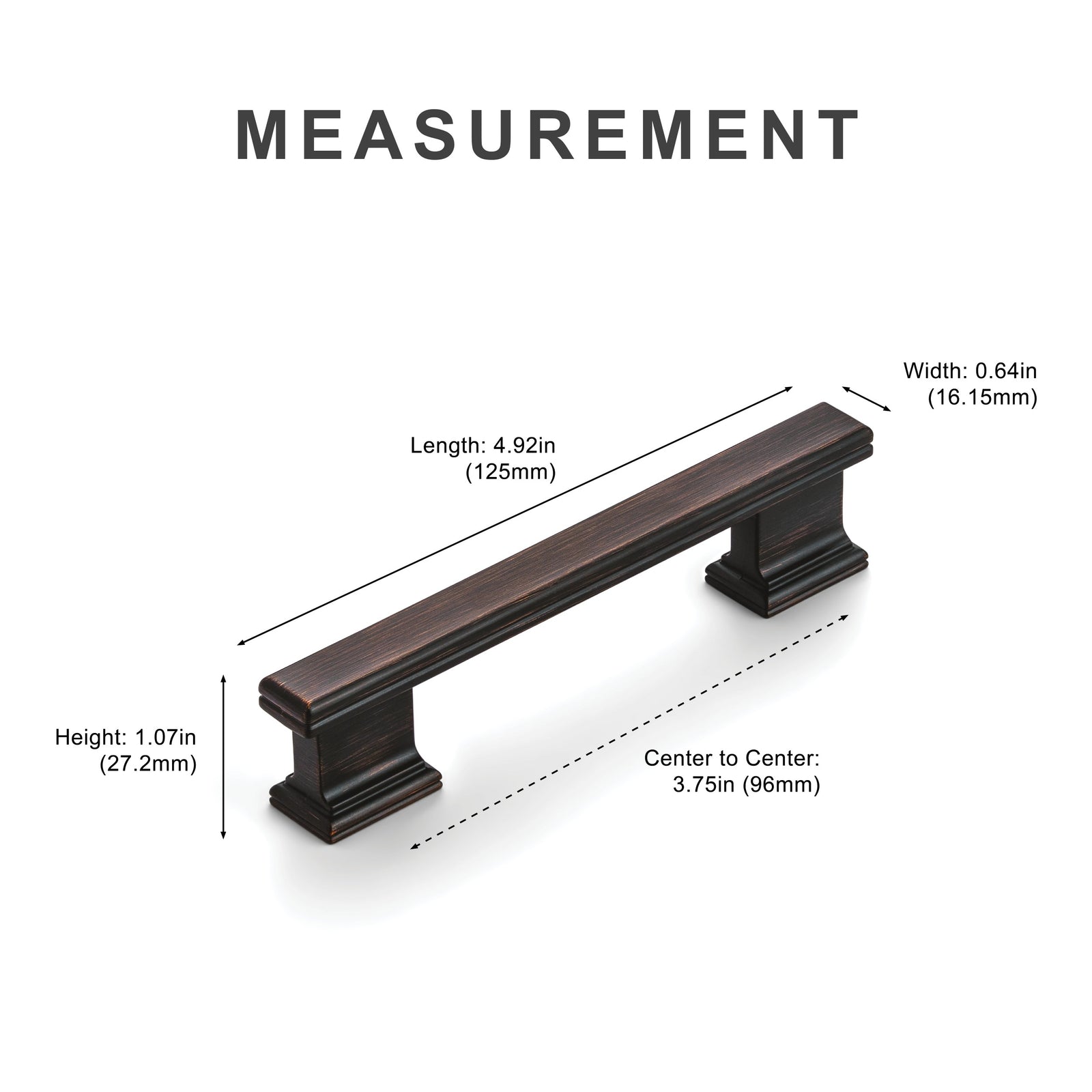 Measurement diagram for oil rubbed bronze 3.75 inch cabinet pull center-to-center