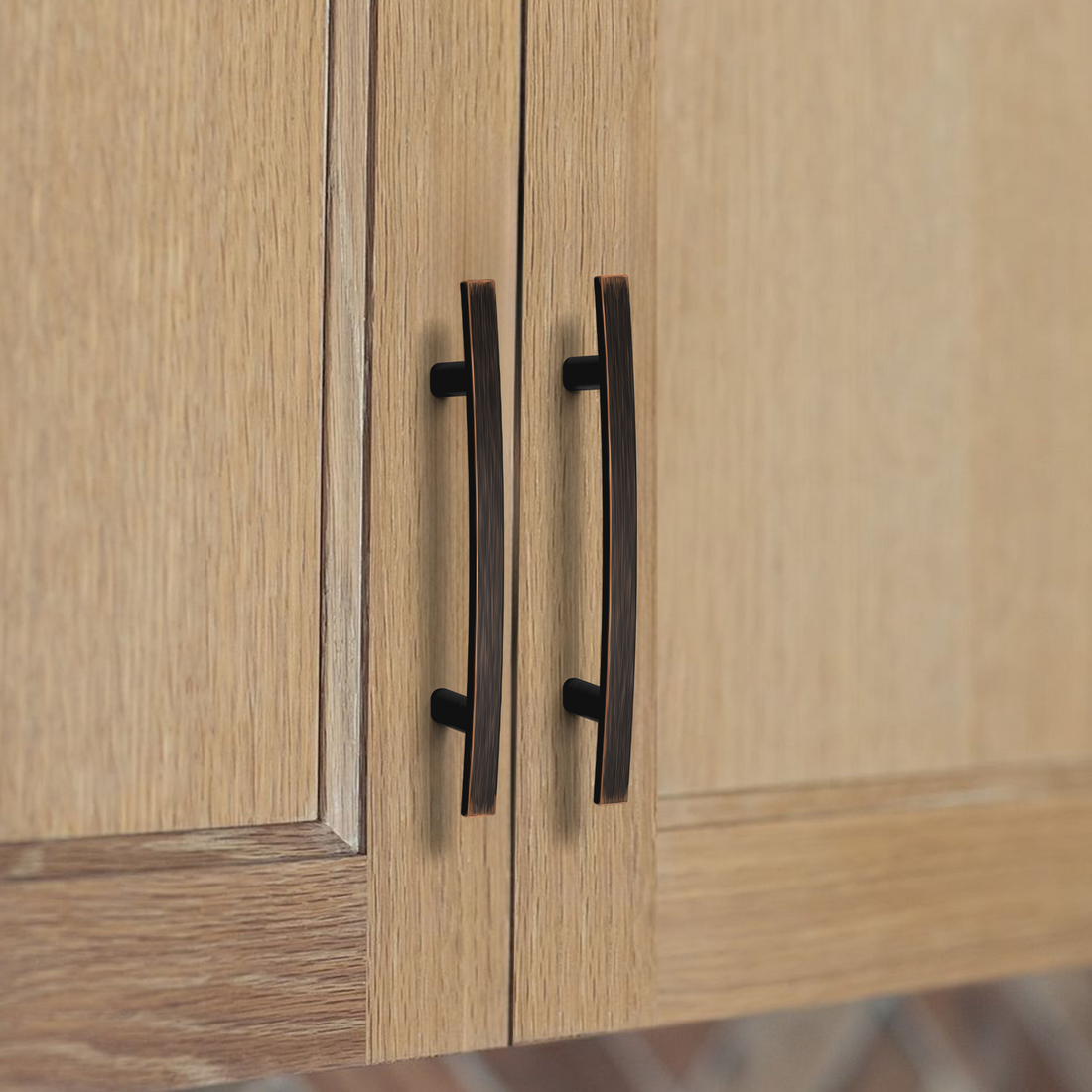 Oil rubbed bronze cabinet pull installed on cabinets or drawers