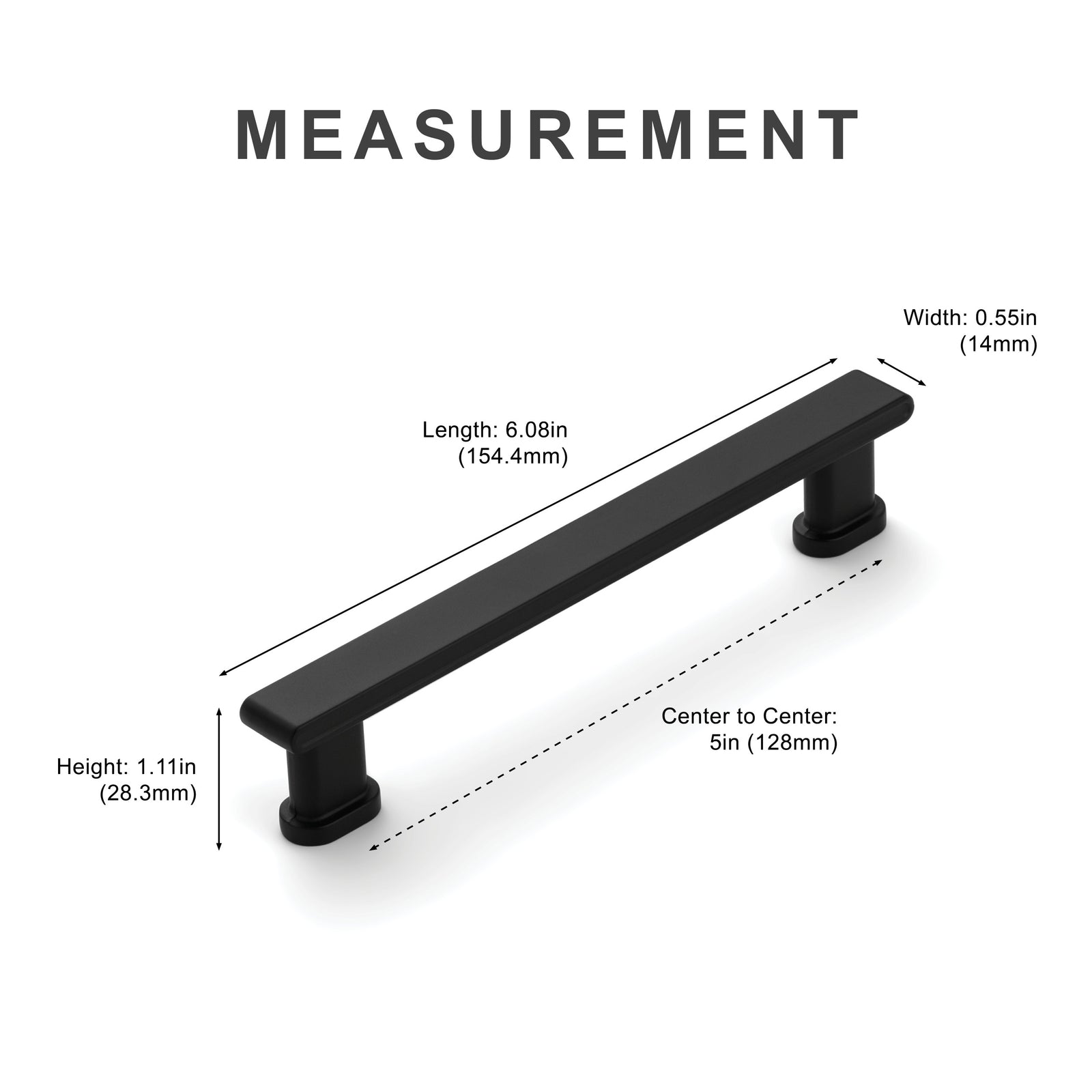 Measurement diagram for black 5 inch center-to-center square bar cabinet pull