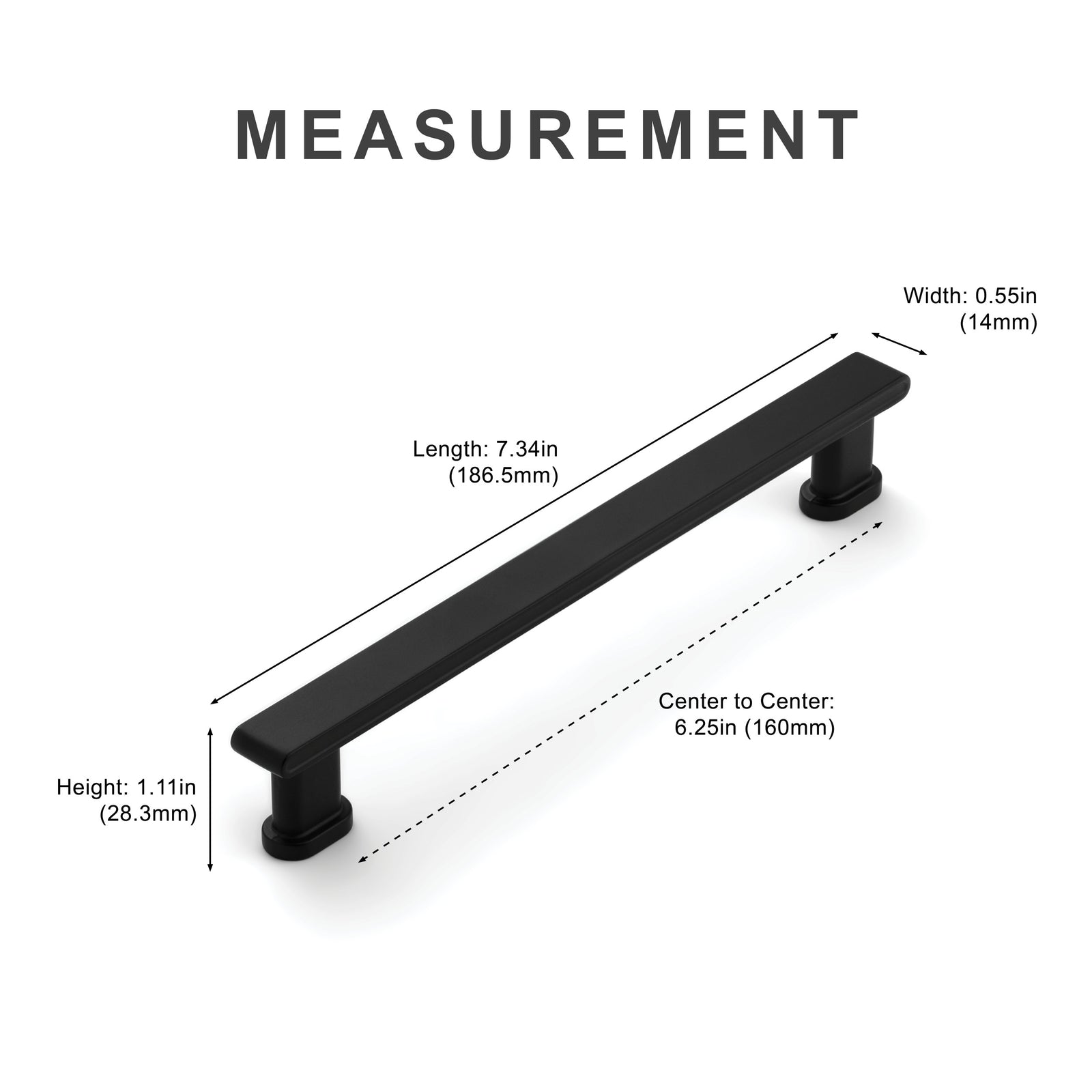 Measurement diagram for black 6.25 inch center-to-center square bar cabinet pull