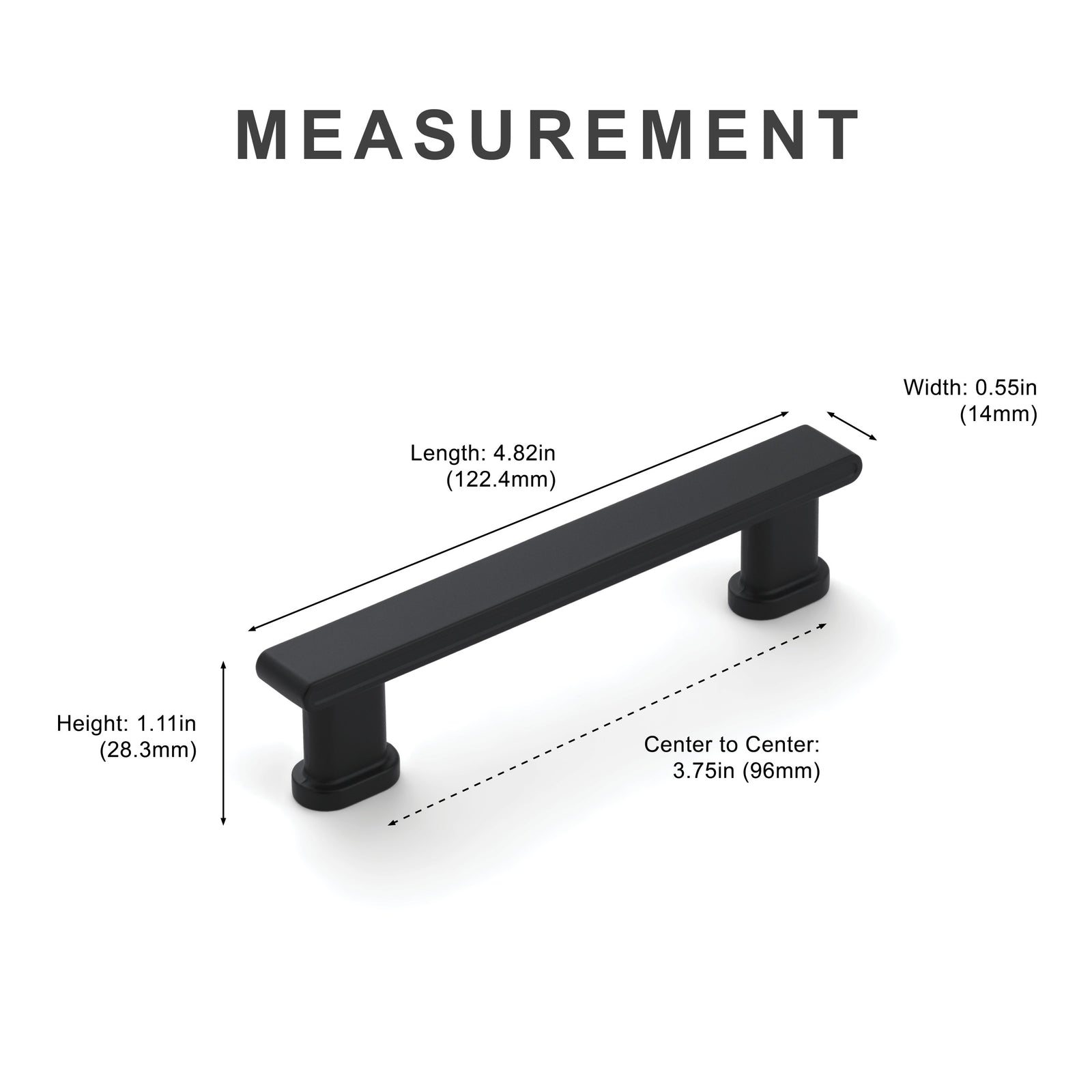 Measurement diagram for black 3.75 inch center-to-center square bar cabinet pull