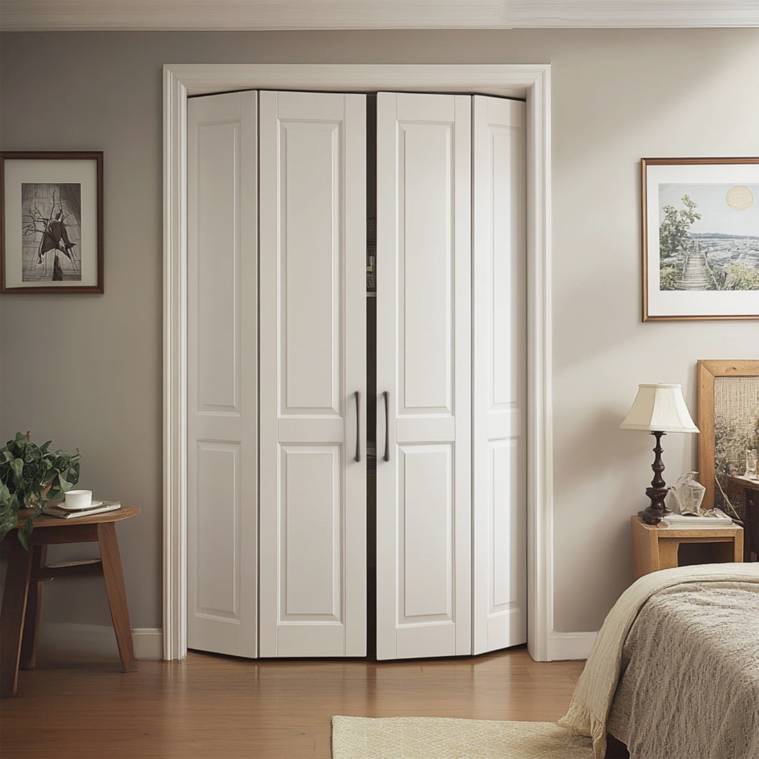 Oil rubbed bronze curved cabinet pulls installed on white closet doors in a bedroom