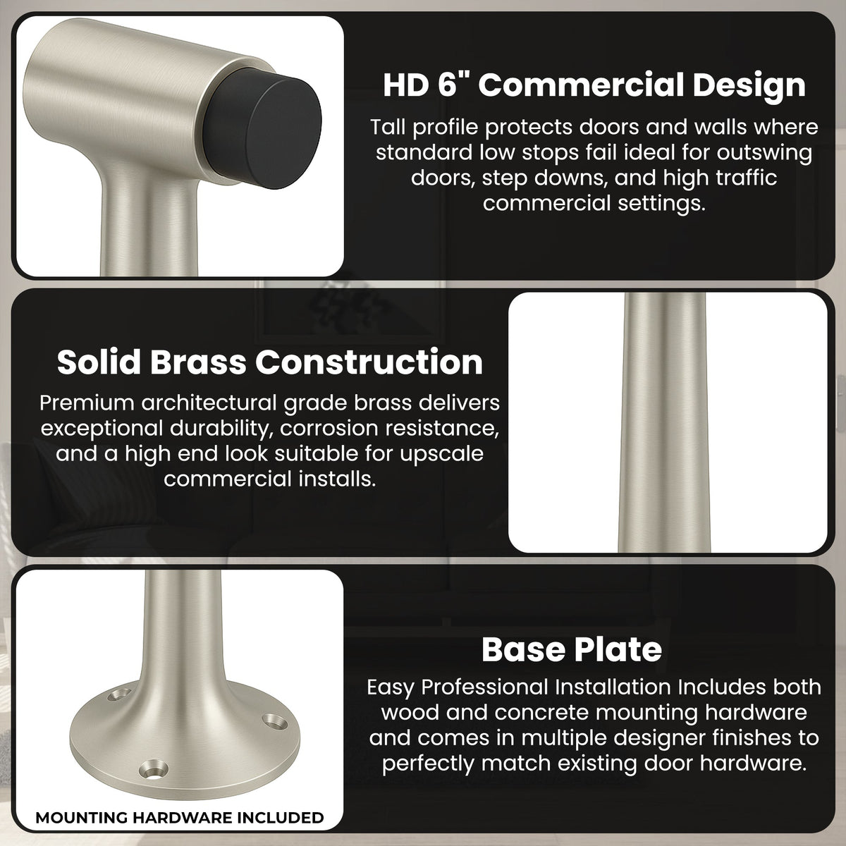 Heavy Duty 6″ Floor-Mount Door Stop – Solid Brass, Commercial Grade (Satin Nickel) Finsbury Hardware Commercial Hardware