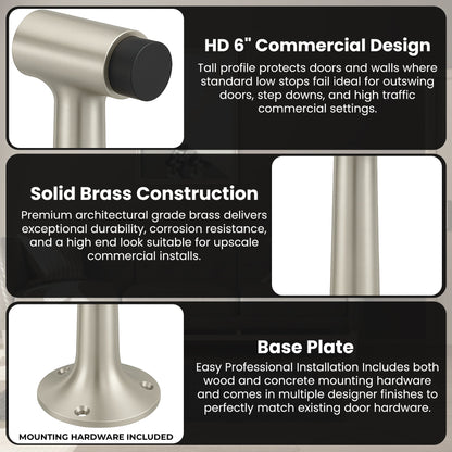 Heavy Duty 6″ Floor-Mount Door Stop – Solid Brass, Commercial Grade (Satin Nickel) Finsbury Hardware Commercial Hardware