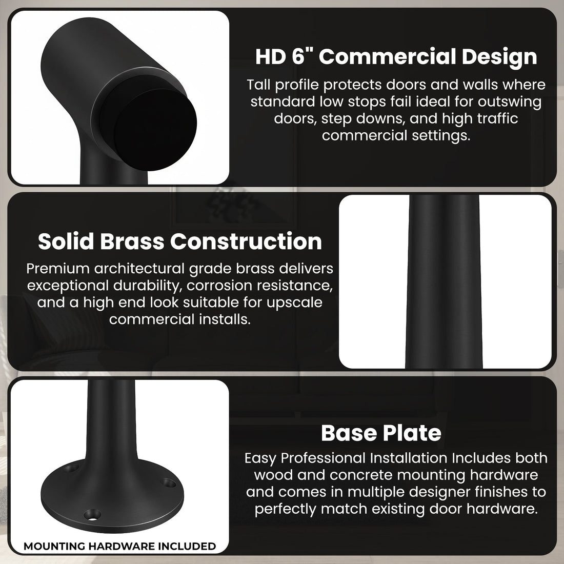 Heavy Duty 6″ Floor-Mount Door Stop – Solid Brass, Commercial Grade (Matte Black) Finsbury Hardware Commercial Hardware