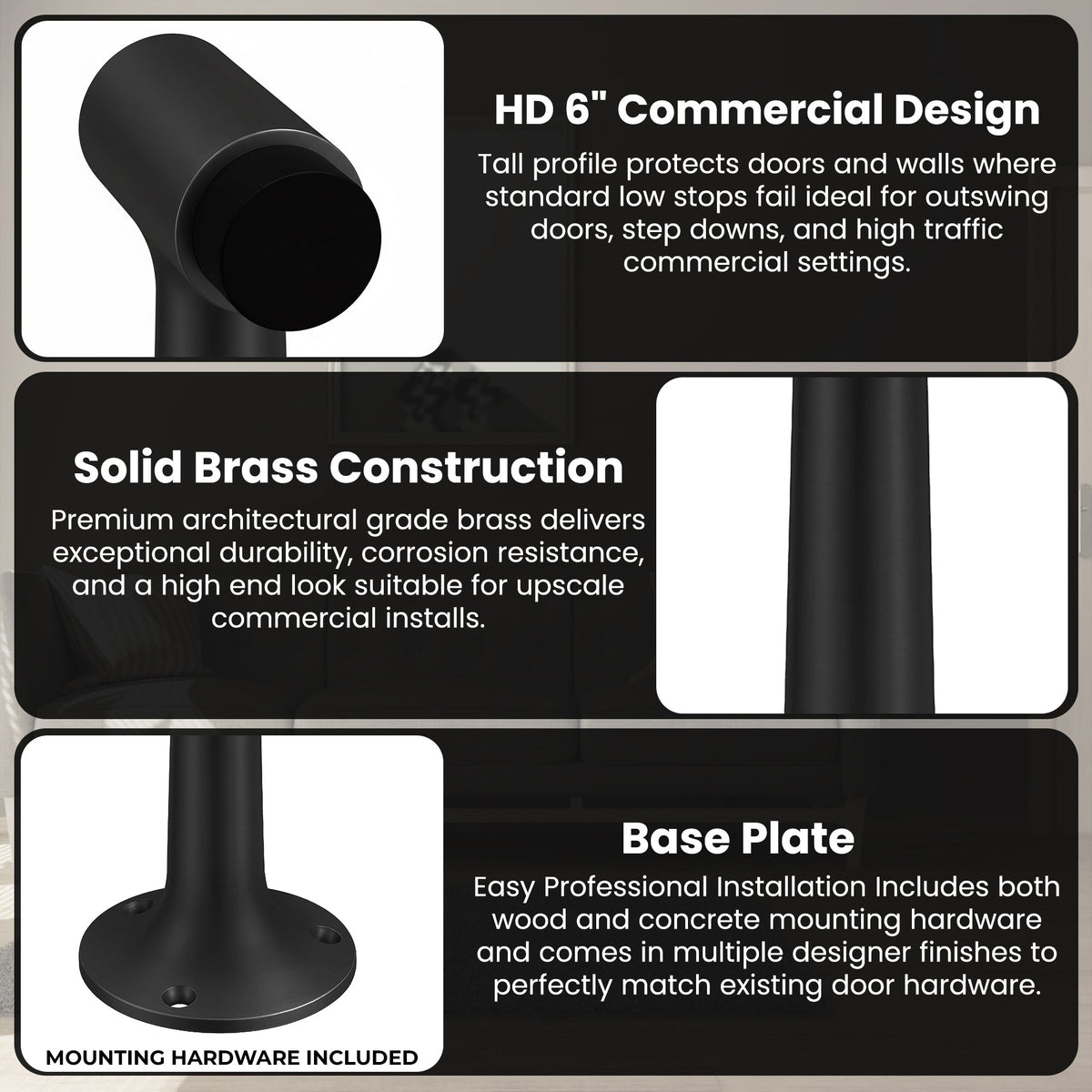 Heavy Duty 6″ Floor-Mount Door Stop – Solid Brass, Commercial Grade (Matte Black) Finsbury Hardware Commercial Hardware