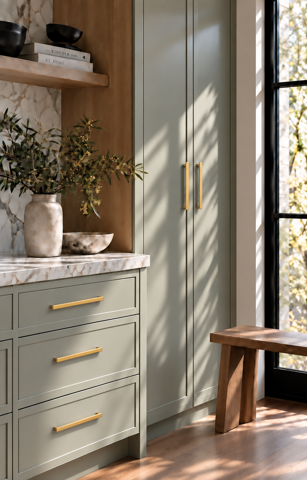 Sunlit cabinetry with satin gold cabinet pulls